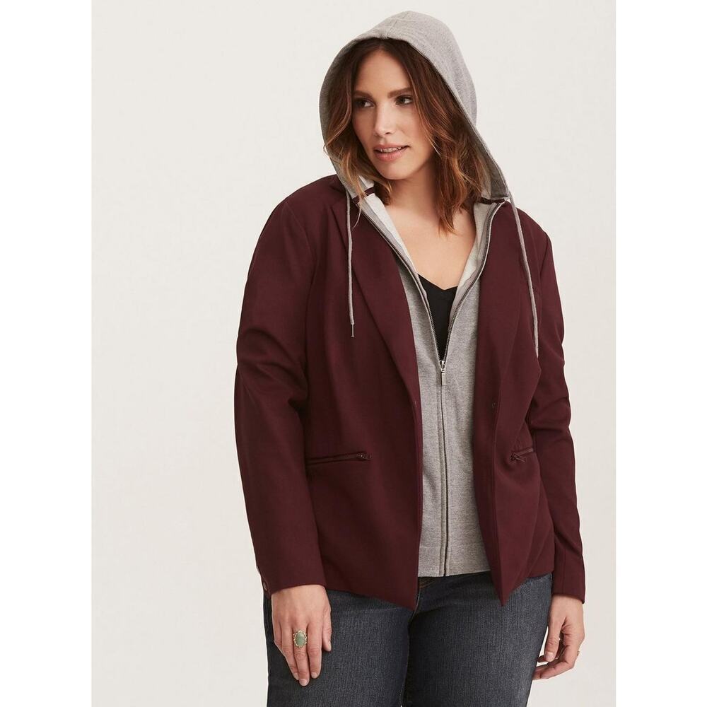 Torrid Jacket 1X Knit Hood Blazer Style Layered Look Red Gray